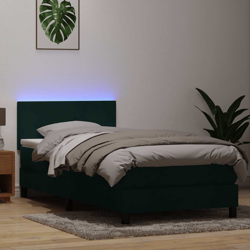 Box Spring krevet s madracem i LED tamnozeleni 80x220 cm baršun