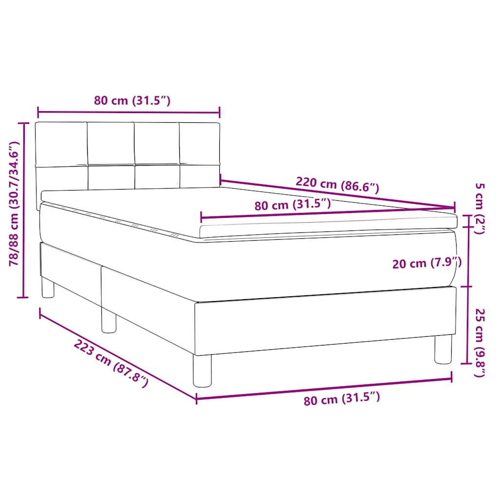 Box Spring krevet s madracem i LED tamnozeleni 80x220 cm baršun