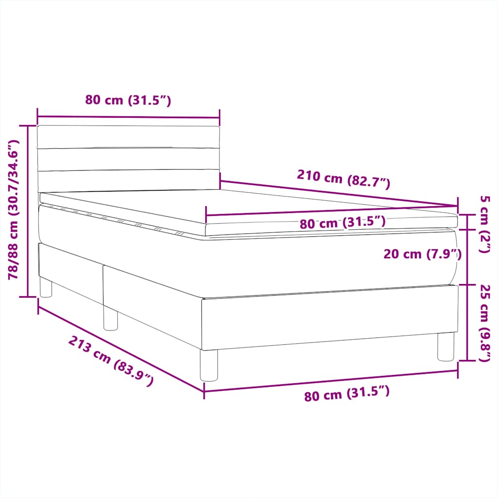 Box Spring krevet s madracem i LED tamno sivi 80x210 cm baršun