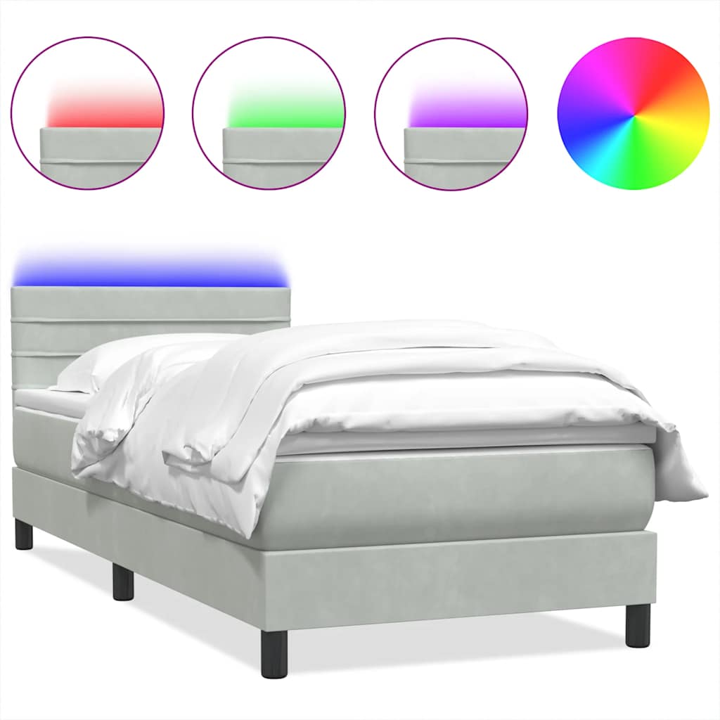 Box Spring krevet s madracem i LED svijetlo sivi 90x220 cm baršun