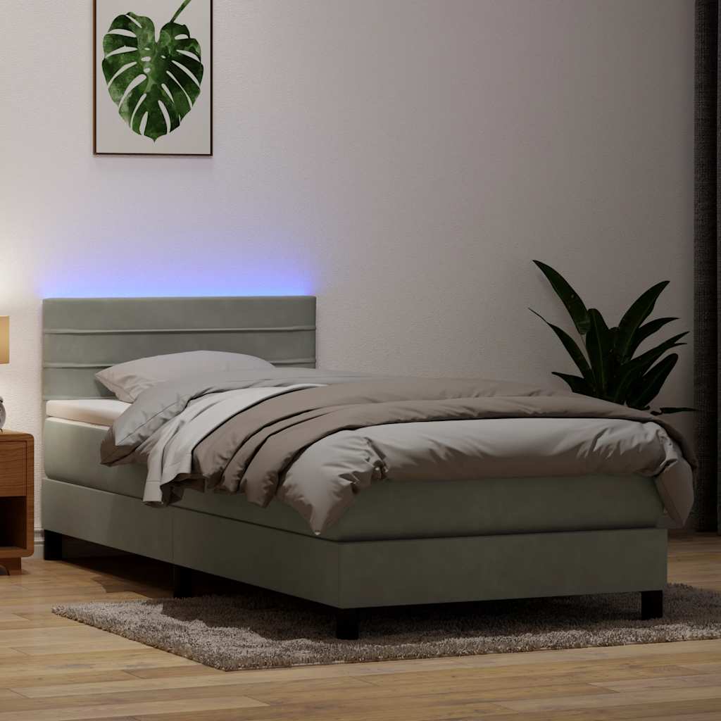 Box Spring krevet s madracem i LED svijetlo sivi 90x220 cm baršun