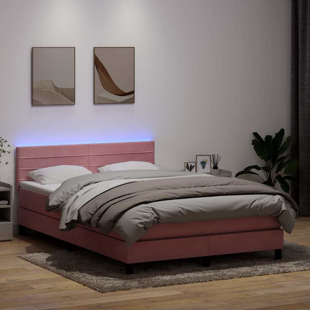 Box Spring krevet s madracem i LED ružičasti 140x220 cm baršun