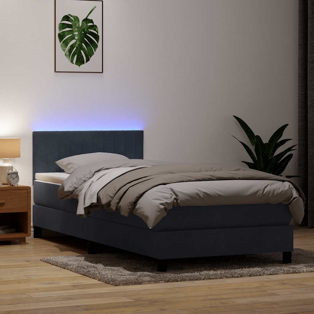 Box Spring krevet s madracem i LED tamnosivi 90x220 cm baršunasti