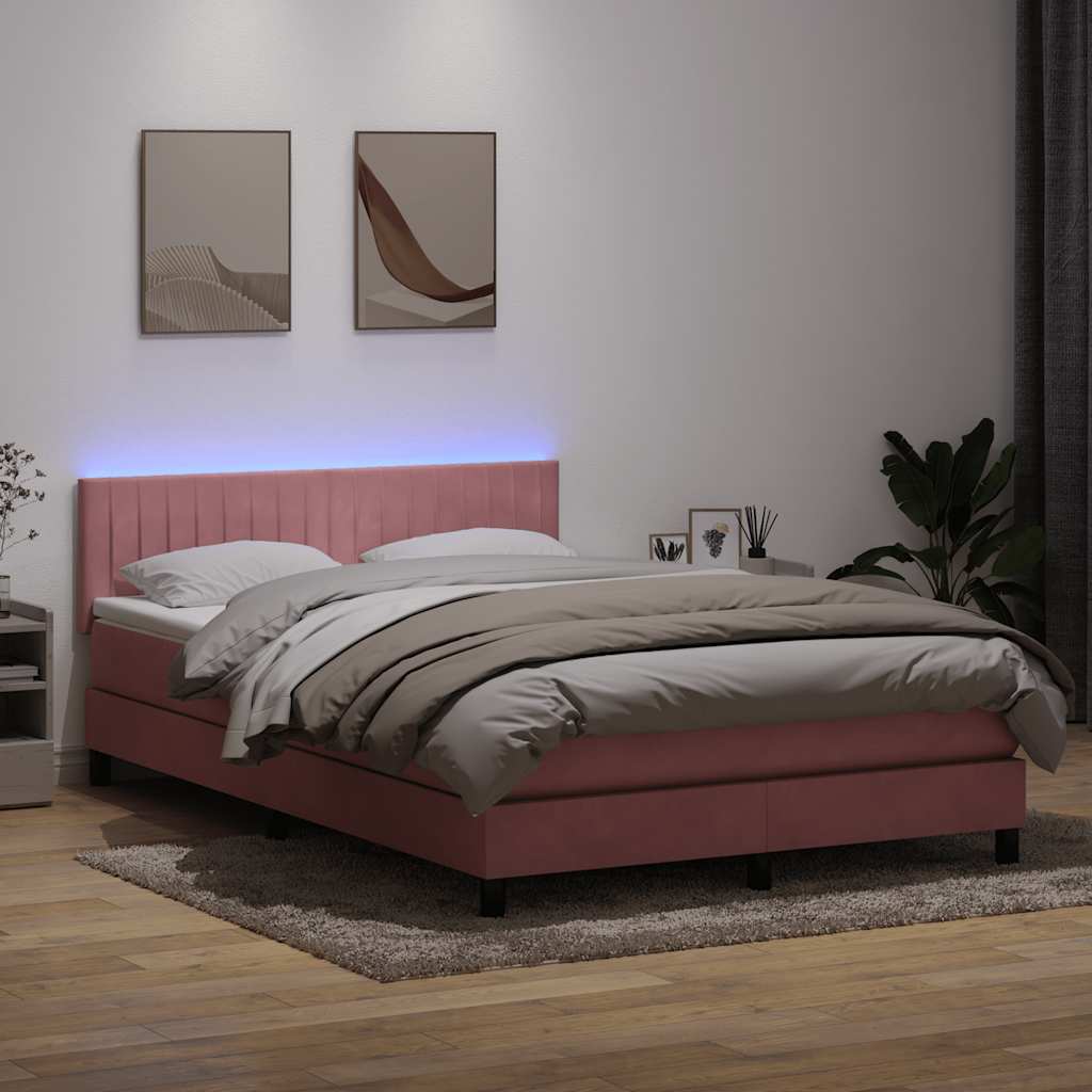 Box Spring krevet s madracem i LED ružičasti 140x220 cm baršun