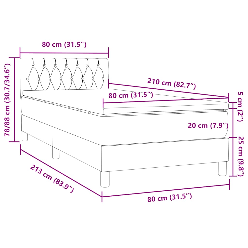 Box Spring krevet s madracem i LED svijetlo sivi 80x210 cm baršun