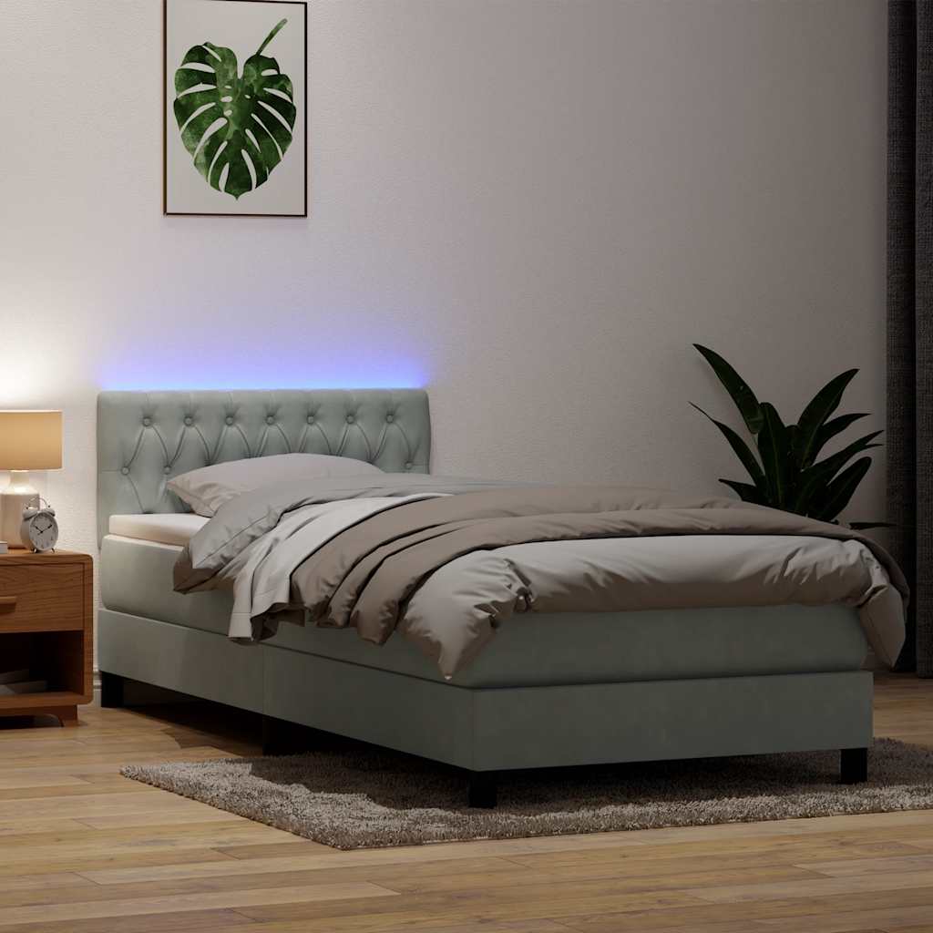 Box Spring krevet s madracem i LED svijetlo sivi 90x210 cm baršun