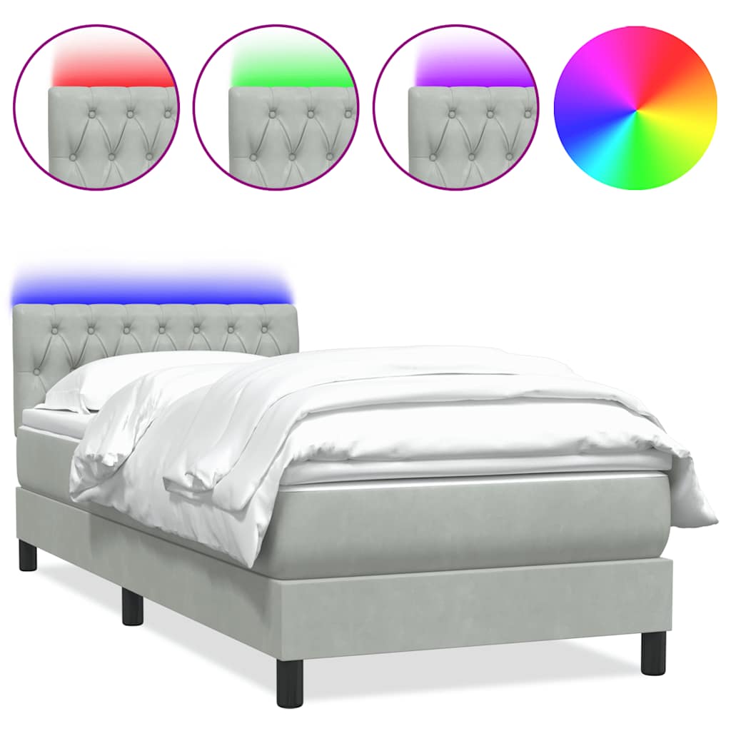 Box Spring krevet s madracem i LED svijetlo sivi 90x220 cm baršun
