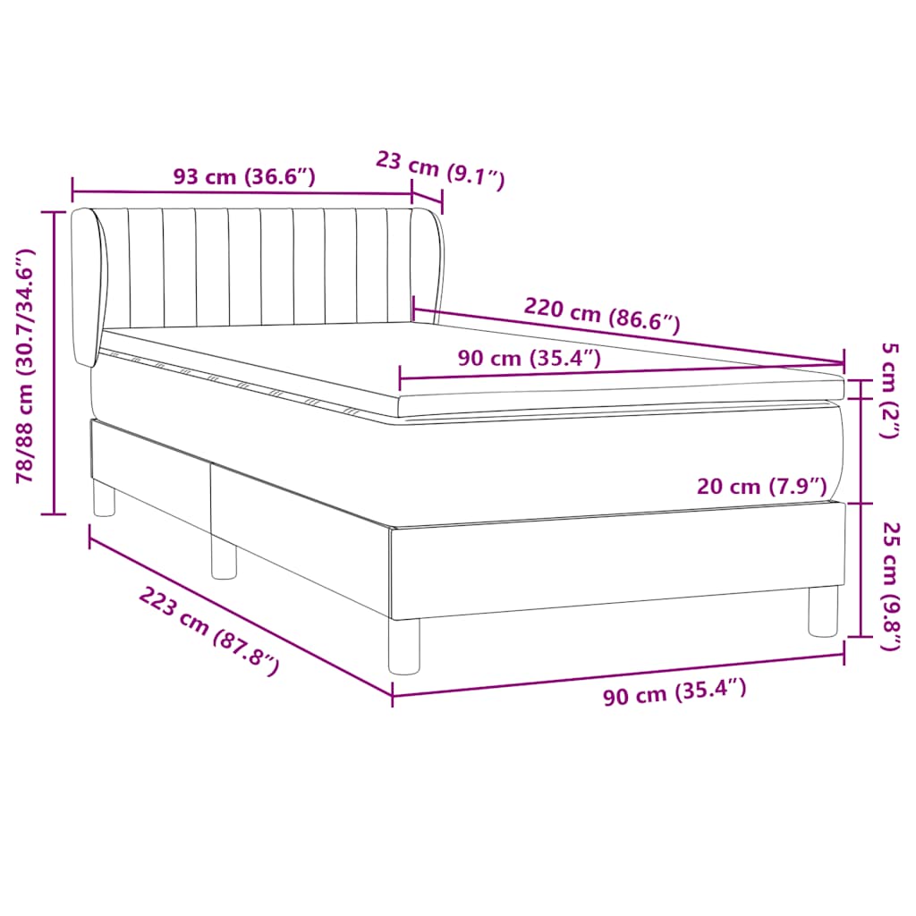 Box spring krevet s madracem tamnosivi 90x220 cm baršunasti