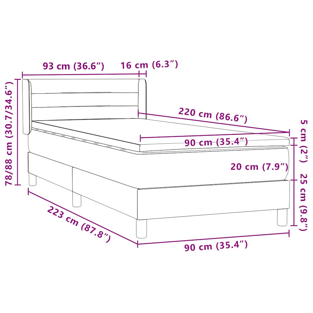 Box spring krevet s madracem tamnosivi 90x220 cm baršunasti