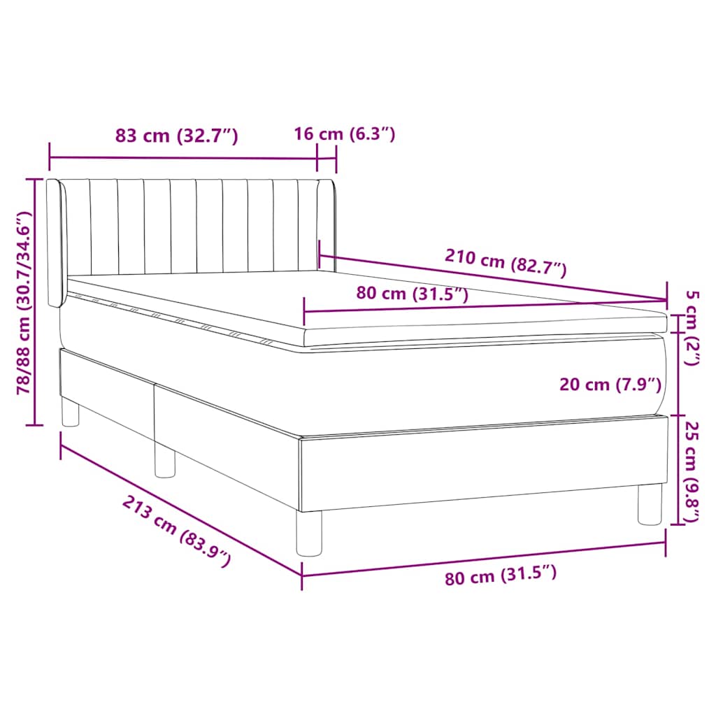 Box Spring krevet s madracem tamno sivi 80x210 cm baršun