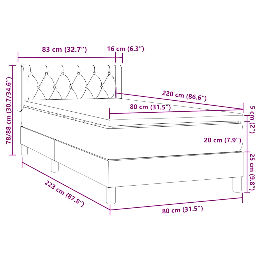 Box spring krevet s madracem tamnosivi 80 x 220 cm baršunasti