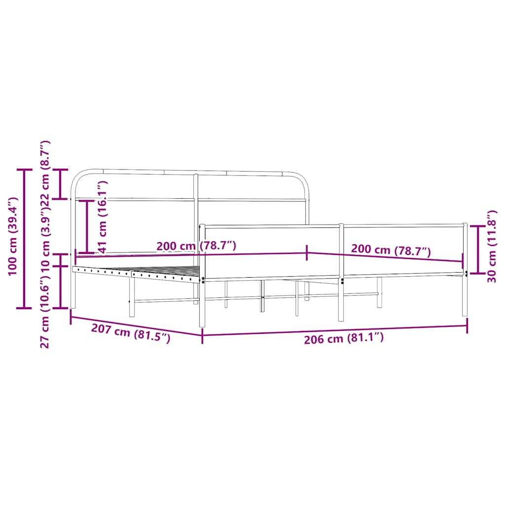 Metalni okvir kreveta bez madraca boja hrasta 200x200 cm