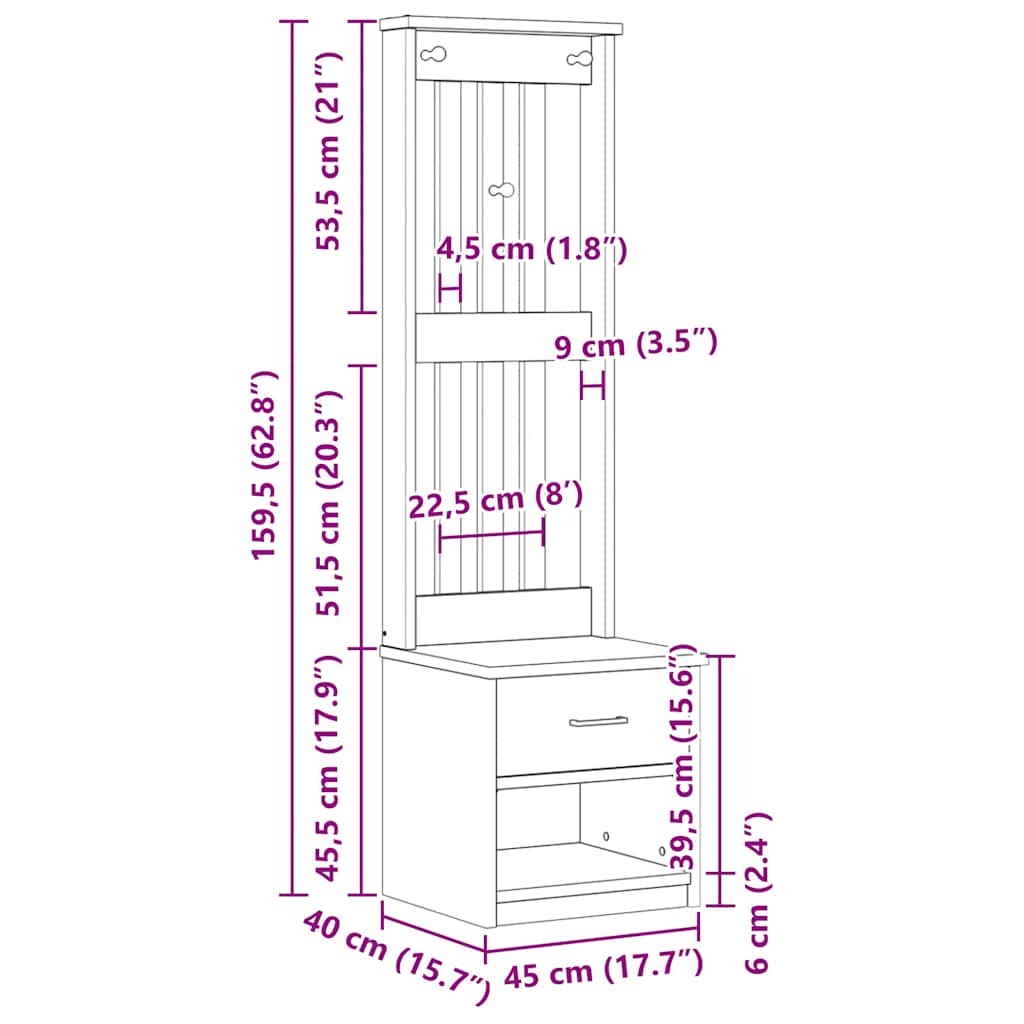 Drvo za dvoranu SANDNES 45x40x159,5 cm puno drvo bor