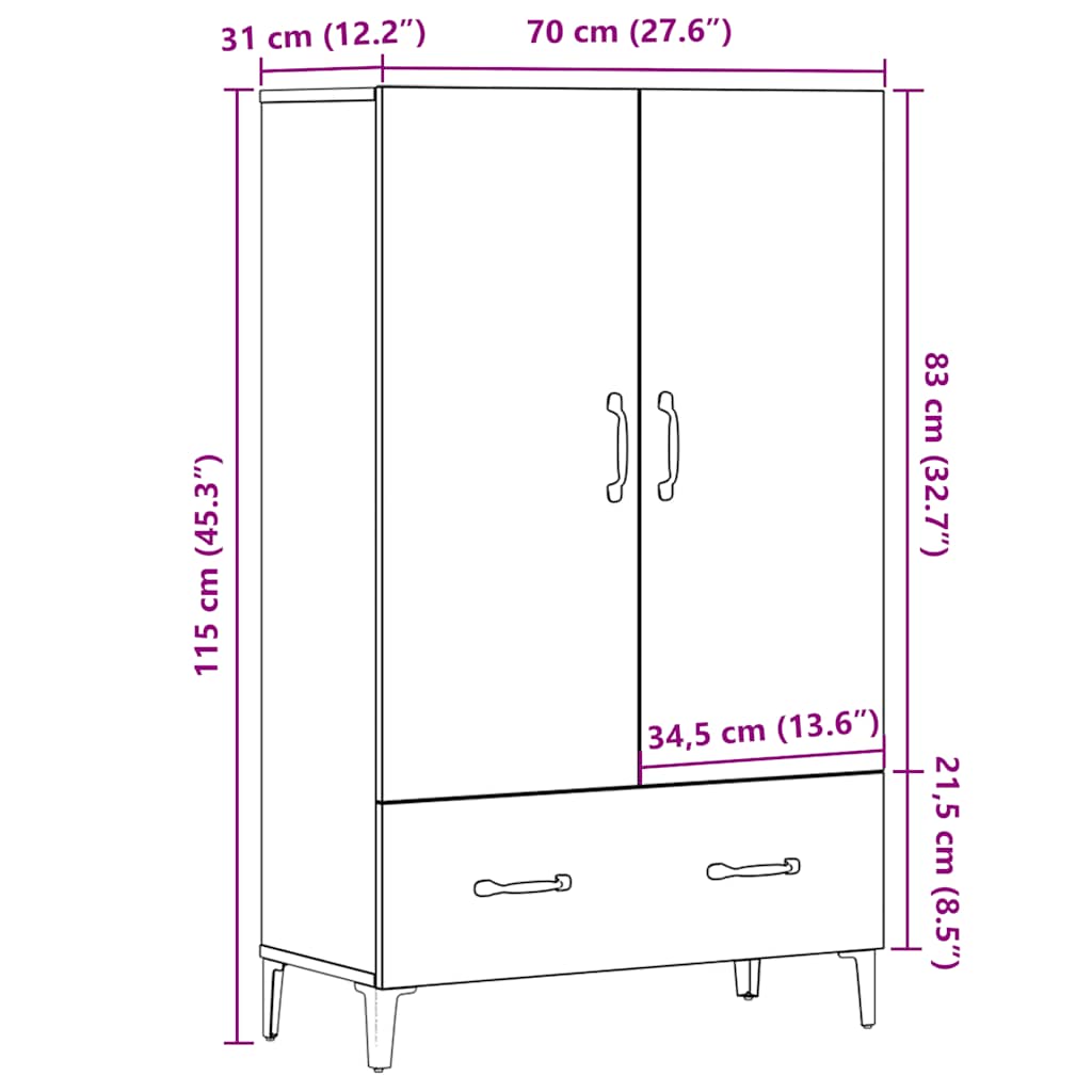 Visoka ploča staro drvo 70x31x115 cm konstruirano drvo