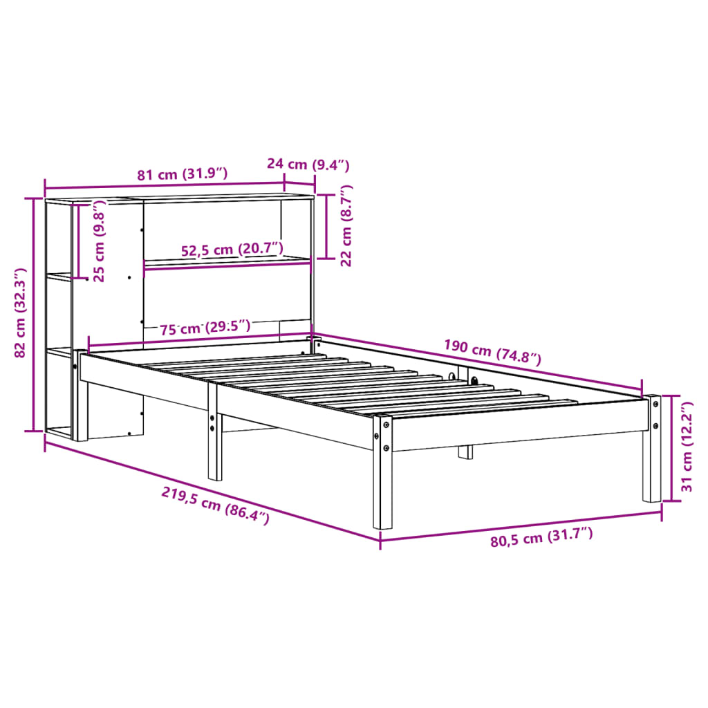 Krevet s regalom za knjige bez madraca 75x190 cm borovina