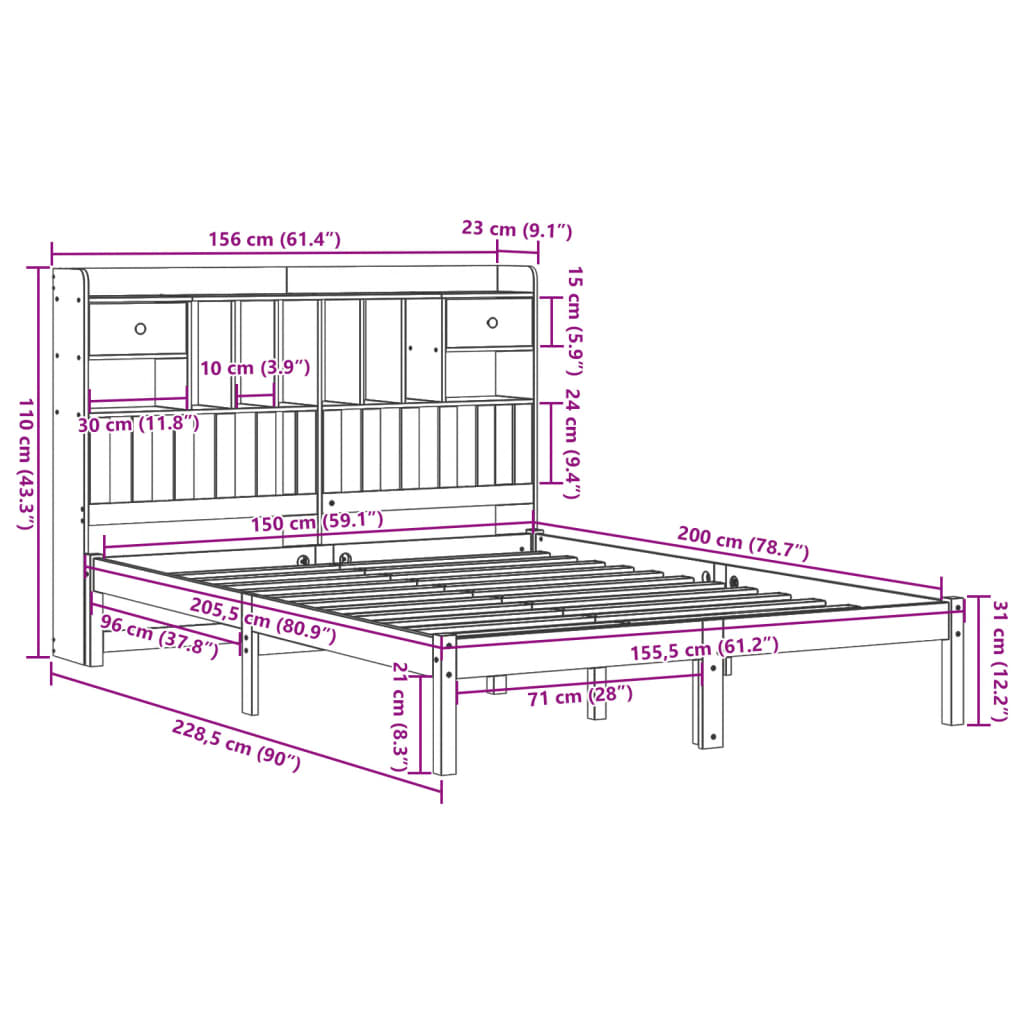 Krevet s regalom za knjige bez madraca 150x200 cm od borovine
