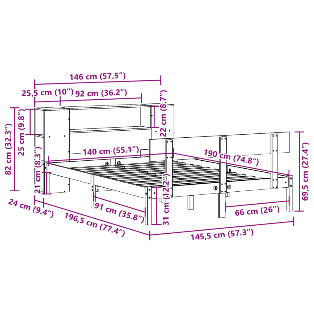 Krevet s regalom z knjige bez madraca bijeli 140x190cm borovina