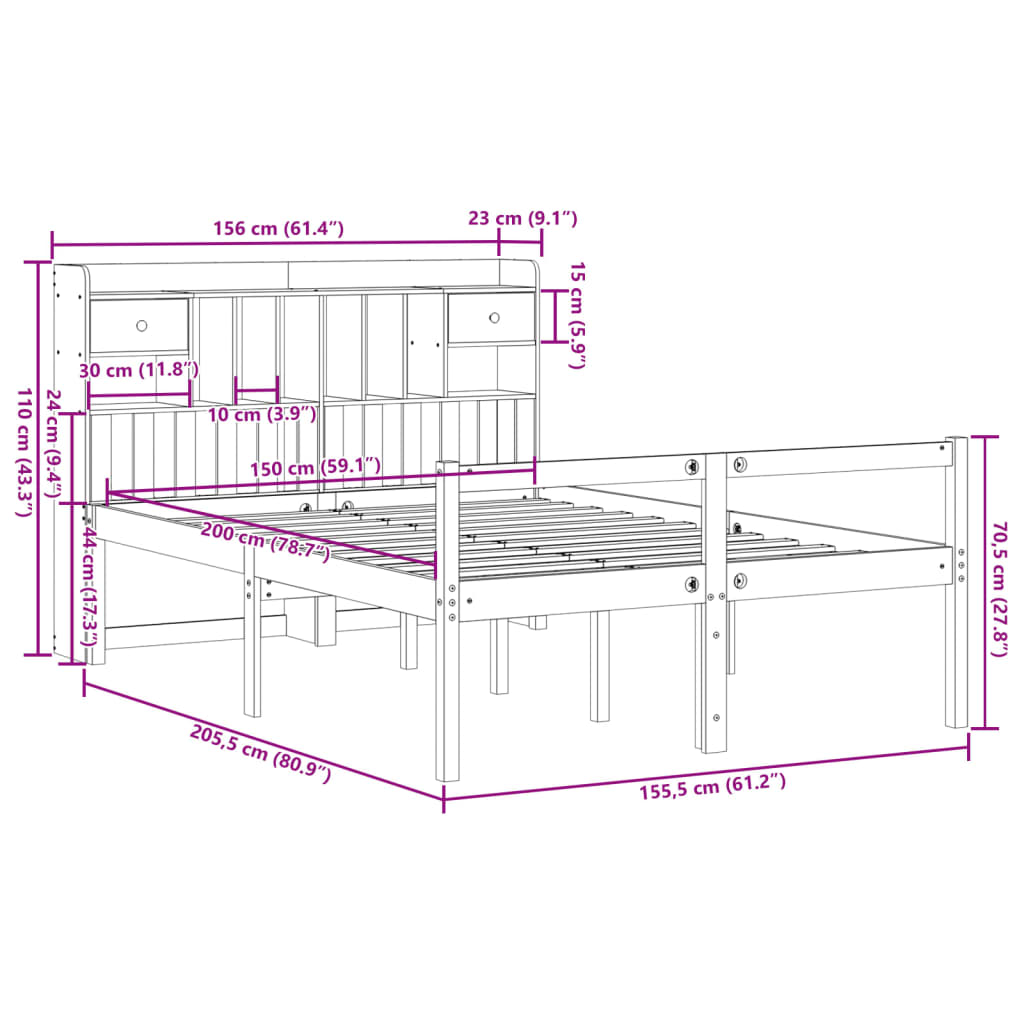 Krevet s regalom za knjige bez madraca 150x200 cm od borovine