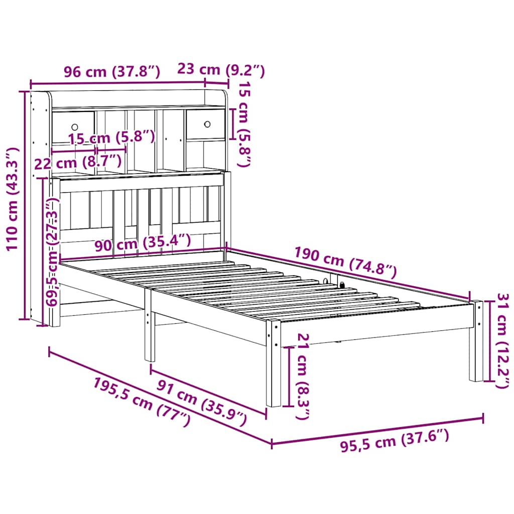 Krevet s regalom za knjige bez madraca 90x190 cm od borovine