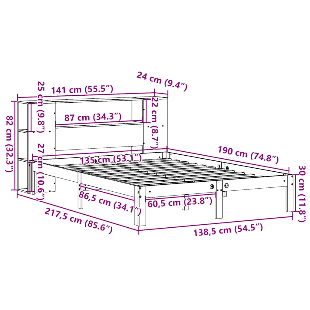 Krevet s regalom z knjige bez madraca bijeli 135x190cm borovina