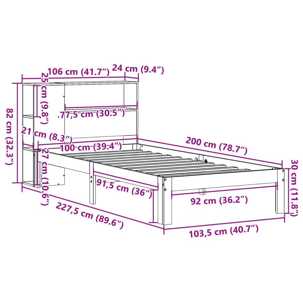 Krevet s regalom za knjige bez madraca 100 x 200 cm od borovine