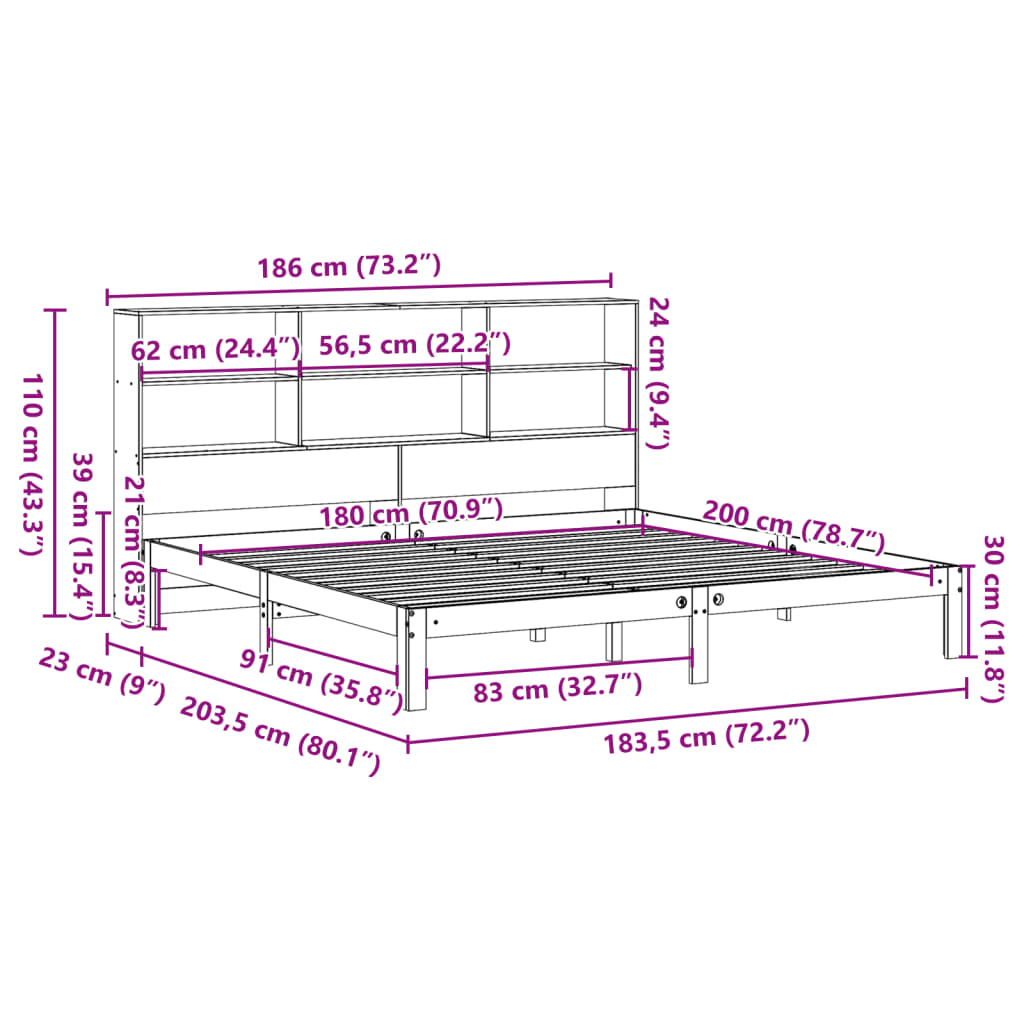 Krevet s regalom z knjige bez madraca bijeli 180x200cm borovina