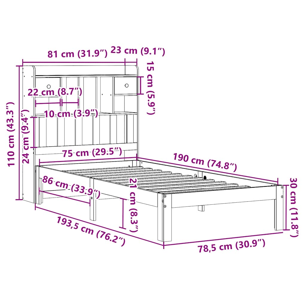 Krevet s regalom za knjige bez madraca bijeli 75x190cm borovina