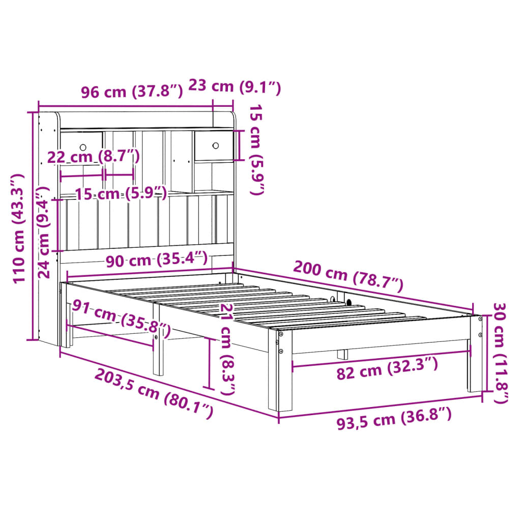 Krevet s regalom za knjige bez madraca 90x200 cm od borovine