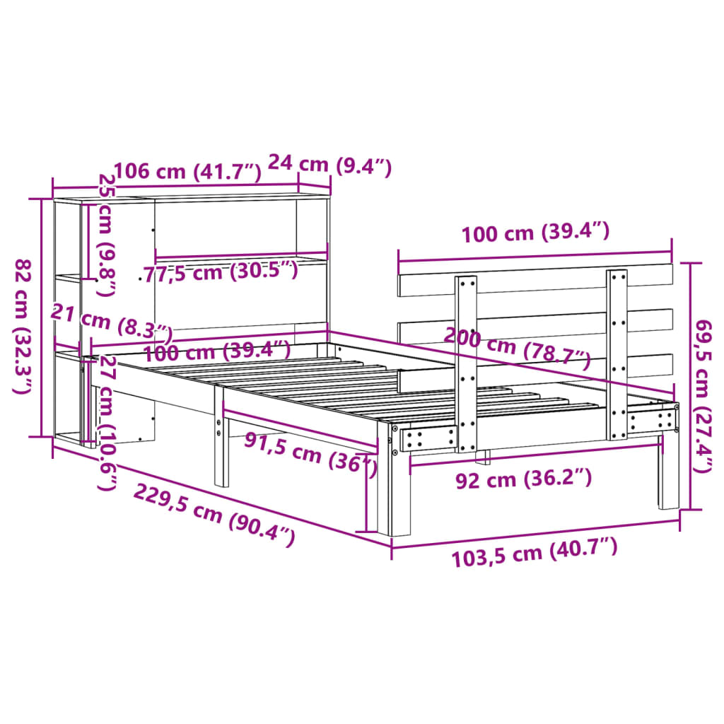 Krevet s regalom za knjige bez madraca 100 x 200 cm od borovine
