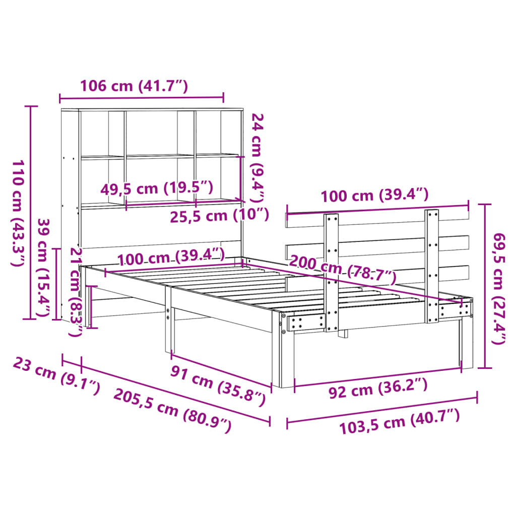Krevet s regalom za knjige bez madraca 100 x 200 cm od borovine