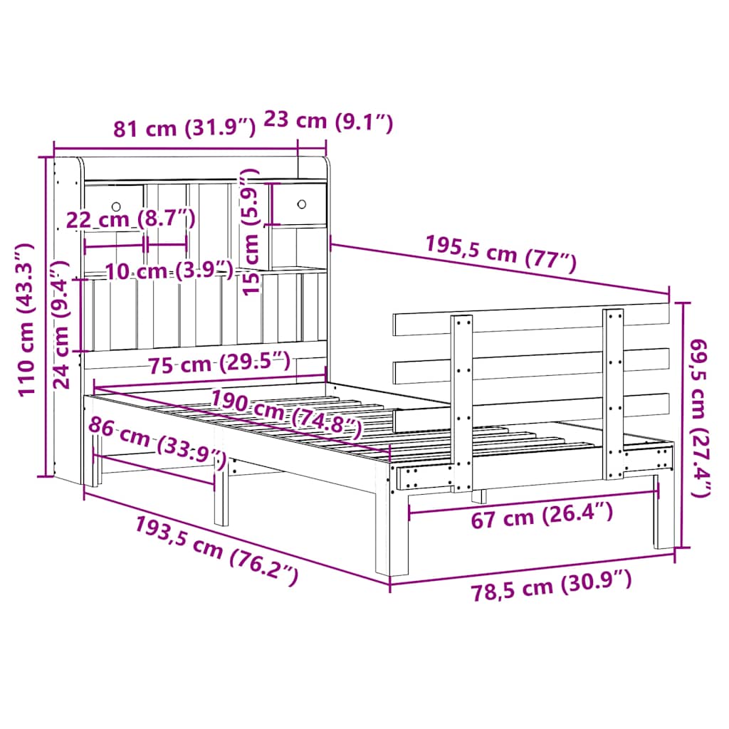 Krevet s regalom za knjige bez madraca 75x190 cm borovina