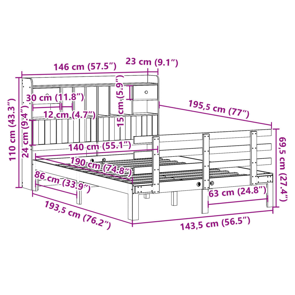 Krevet s regalom z knjige bez madraca bijeli 140x190cm borovina