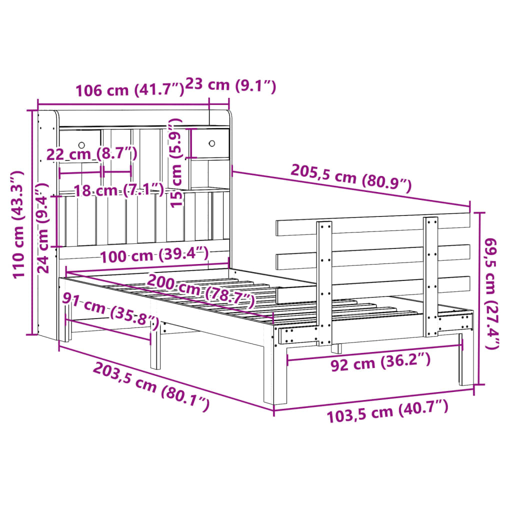 Krevet s regalom za knjige bez madraca 100 x 200 cm od borovine
