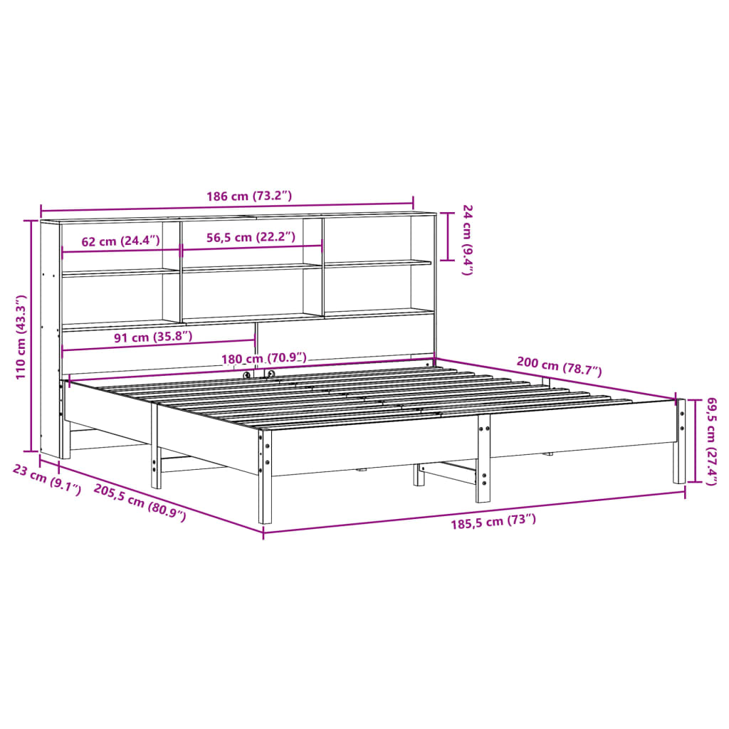 Krevet s regalom za knjige bez madraca 180x200 cm od borovine