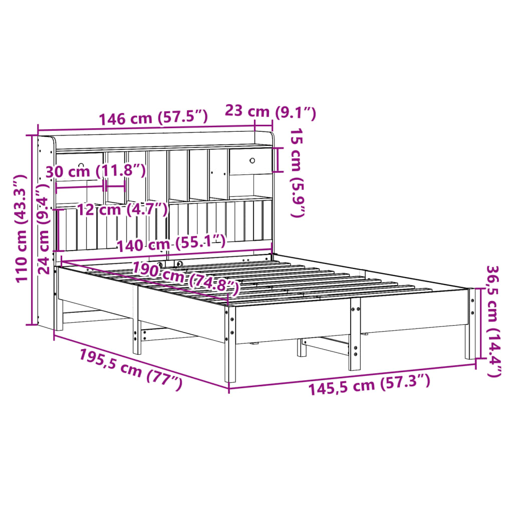 Krevet s regalom za knjige bez madraca 140x190 cm od borovine