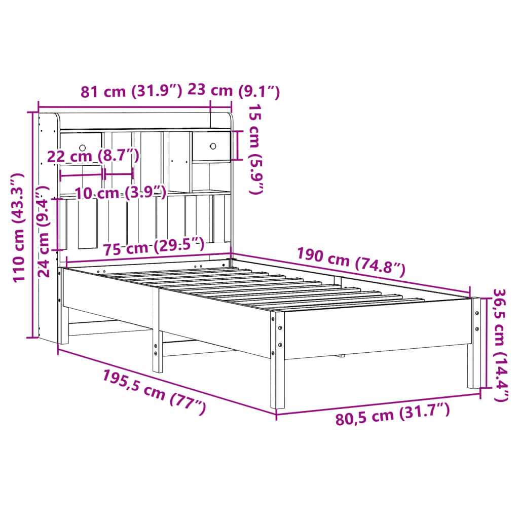Krevet s regalom za knjige bez madraca 75x190 cm borovina