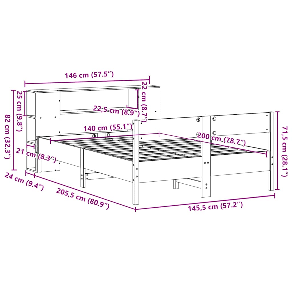 Krevet s regalom z knjige bez madraca bijeli 140x200cm borovina