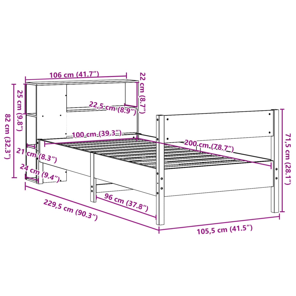 Krevet s regalom za knjige bez madraca 100 x 200 cm od borovine