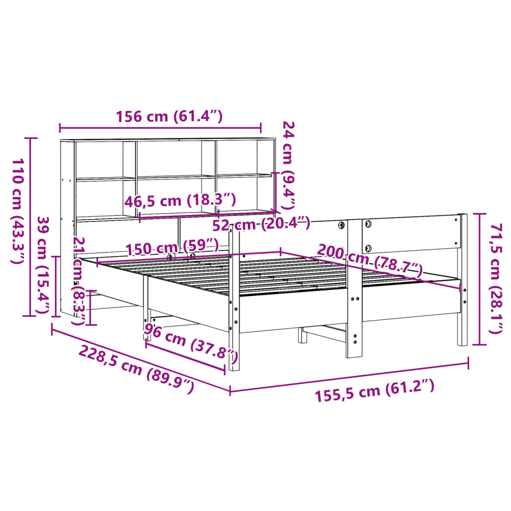 Krevet s regalom za knjige bez madraca 150x200 cm od borovine