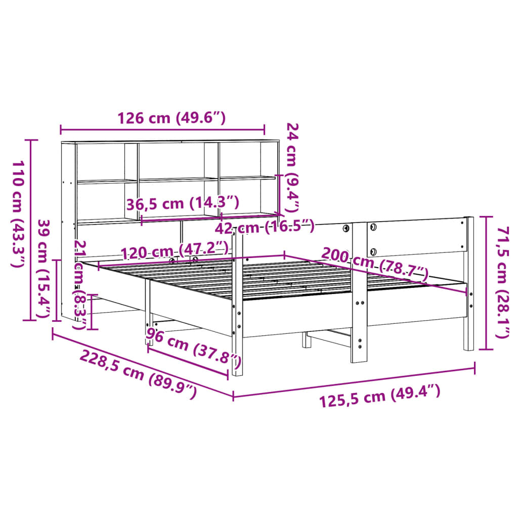 Krevet s regalom za knjige bez madraca 120 x 200 cm od borovine