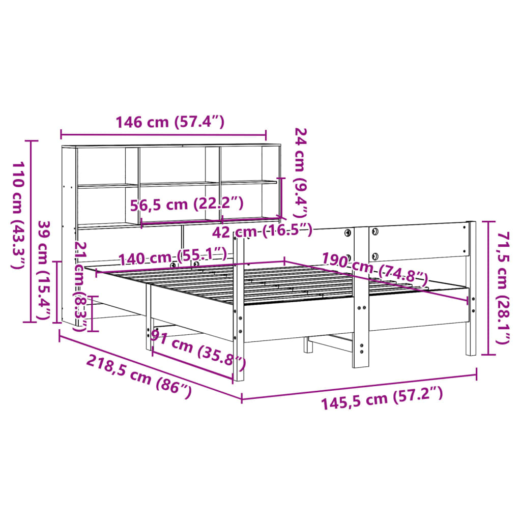 Krevet s regalom z knjige bez madraca bijeli 140x190cm borovina