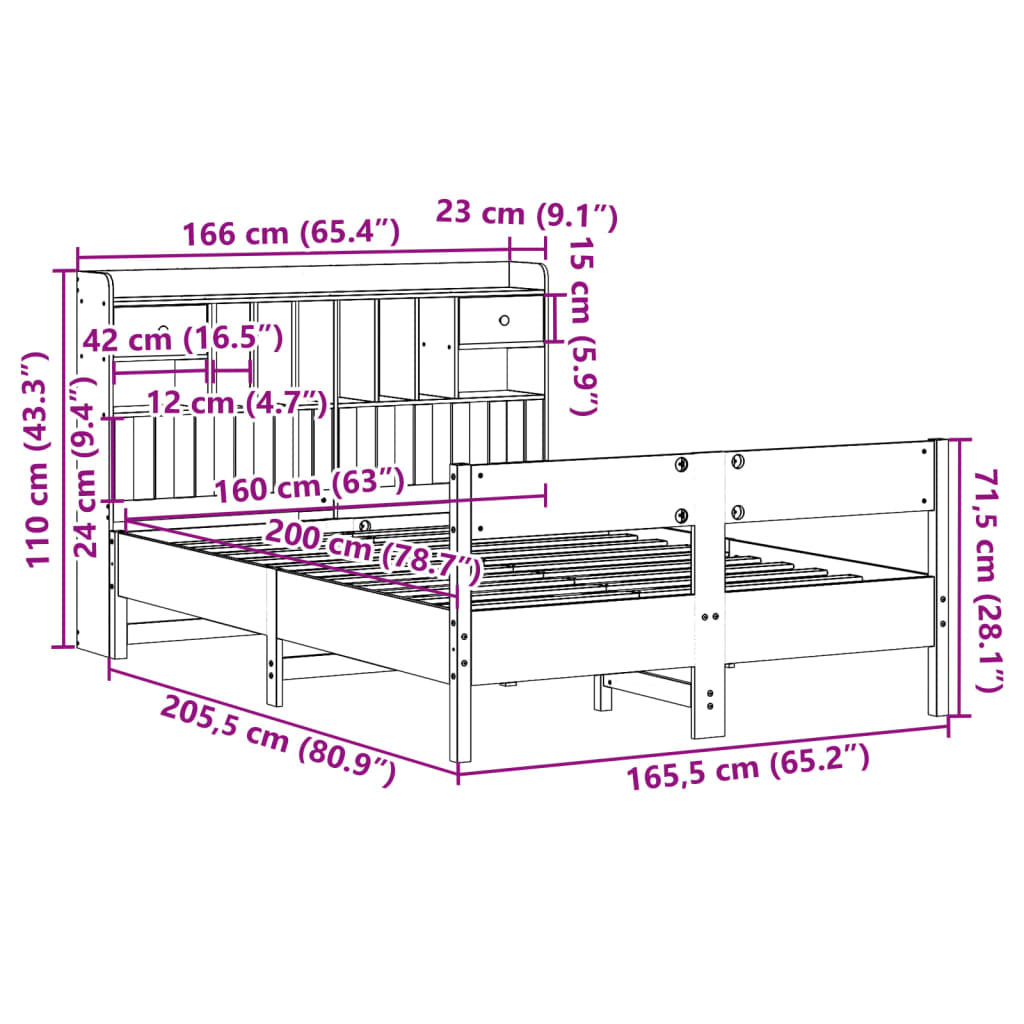 Krevet s regalom z knjige bez madraca bijeli 160x200cm borovina