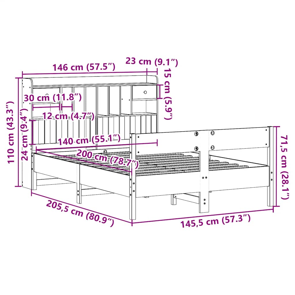 Krevet s regalom z knjige bez madraca bijeli 140x200cm borovina