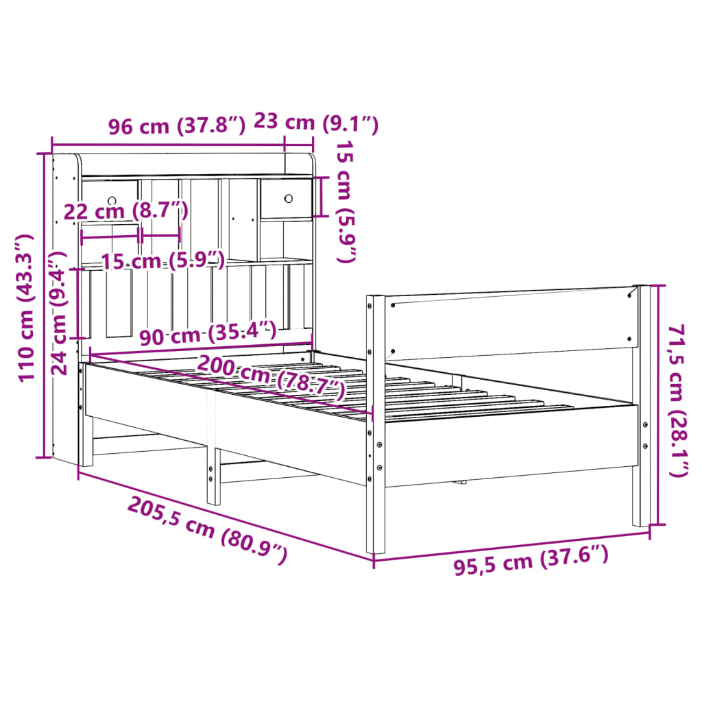 Krevet s regalom za knjige bez madraca bijeli 90x200cm borovina