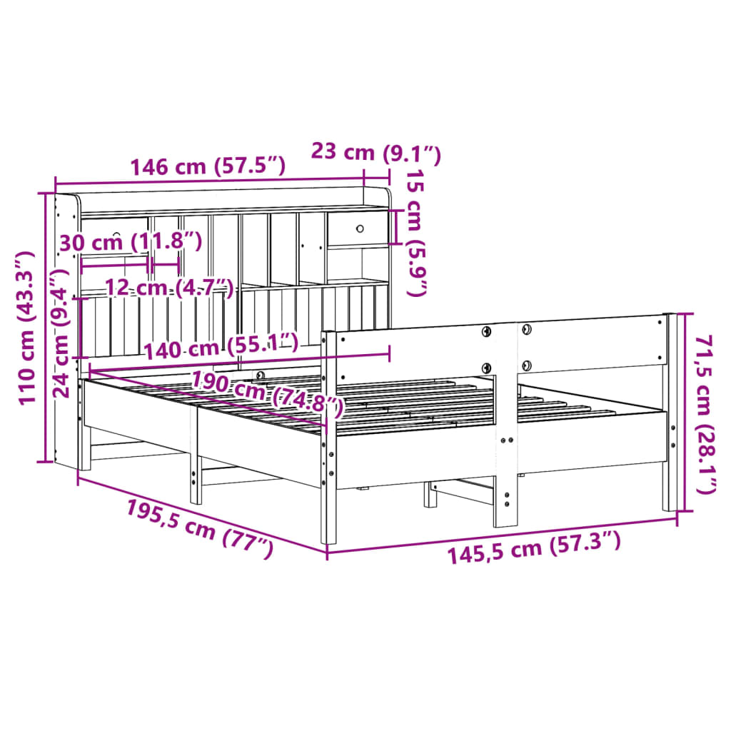 Krevet s regalom za knjige bez madraca 140x190 cm od borovine