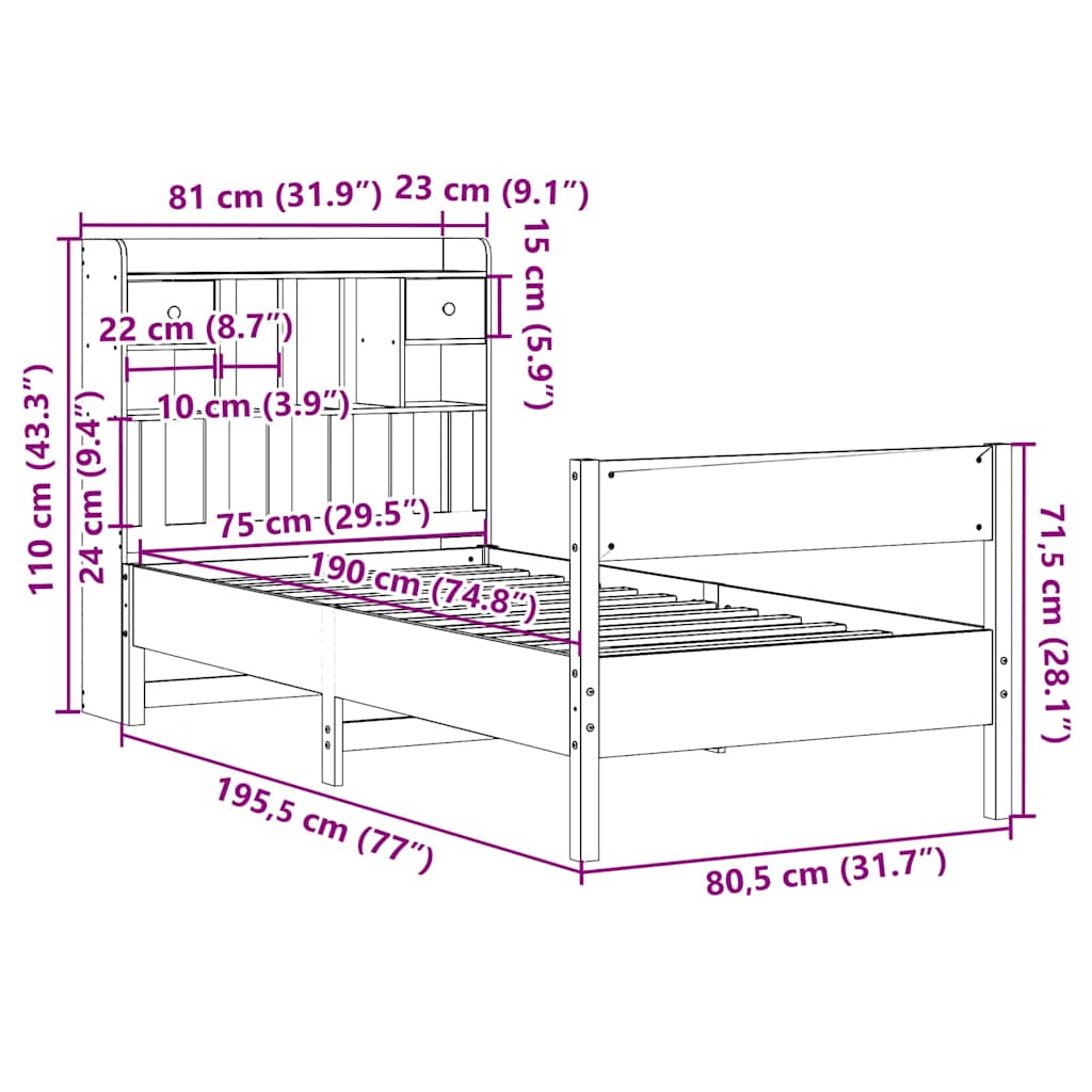 Krevet s regalom za knjige bez madraca 75x190 cm borovina
