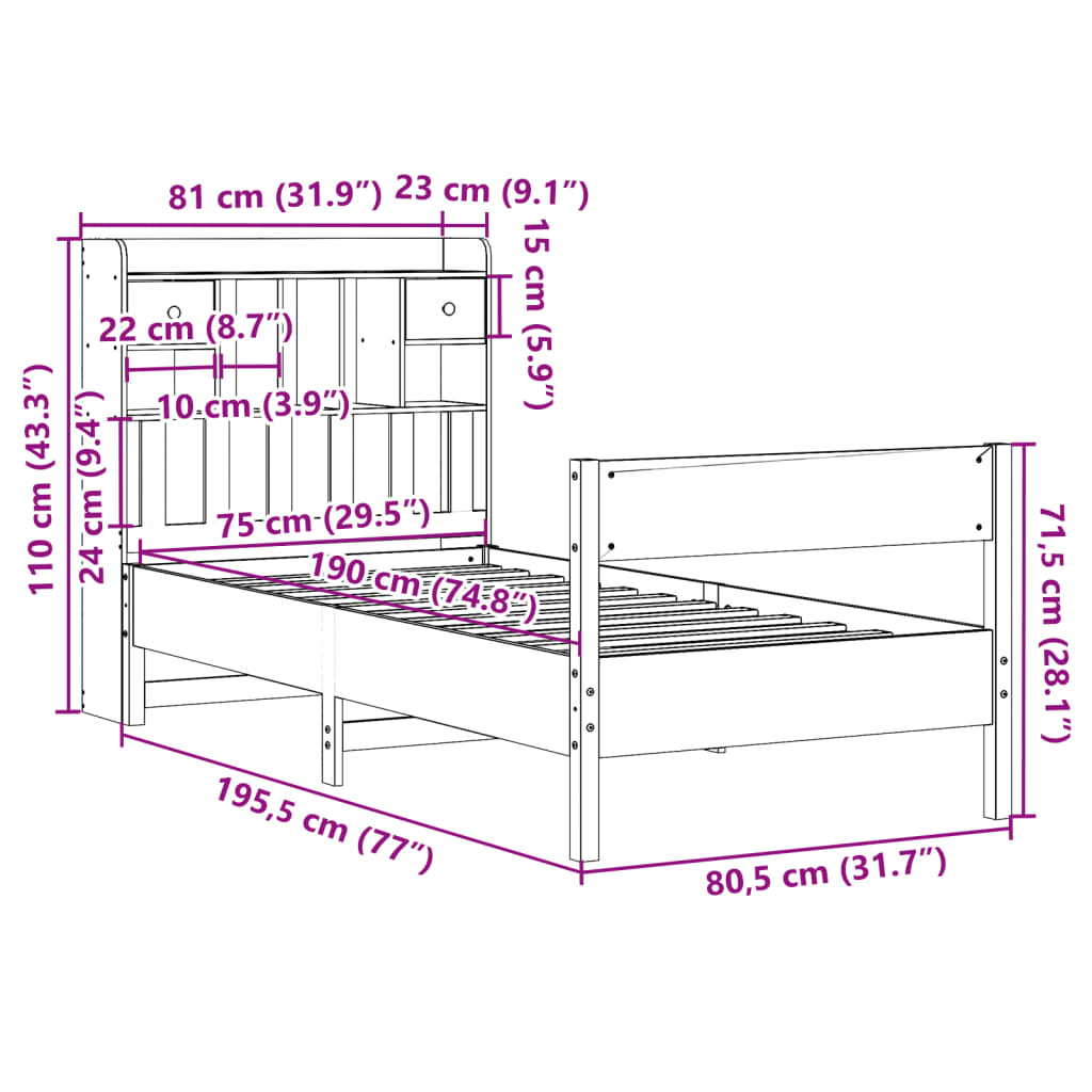 Krevet s regalom za knjige bez madraca 75 x 190 cm od borovine