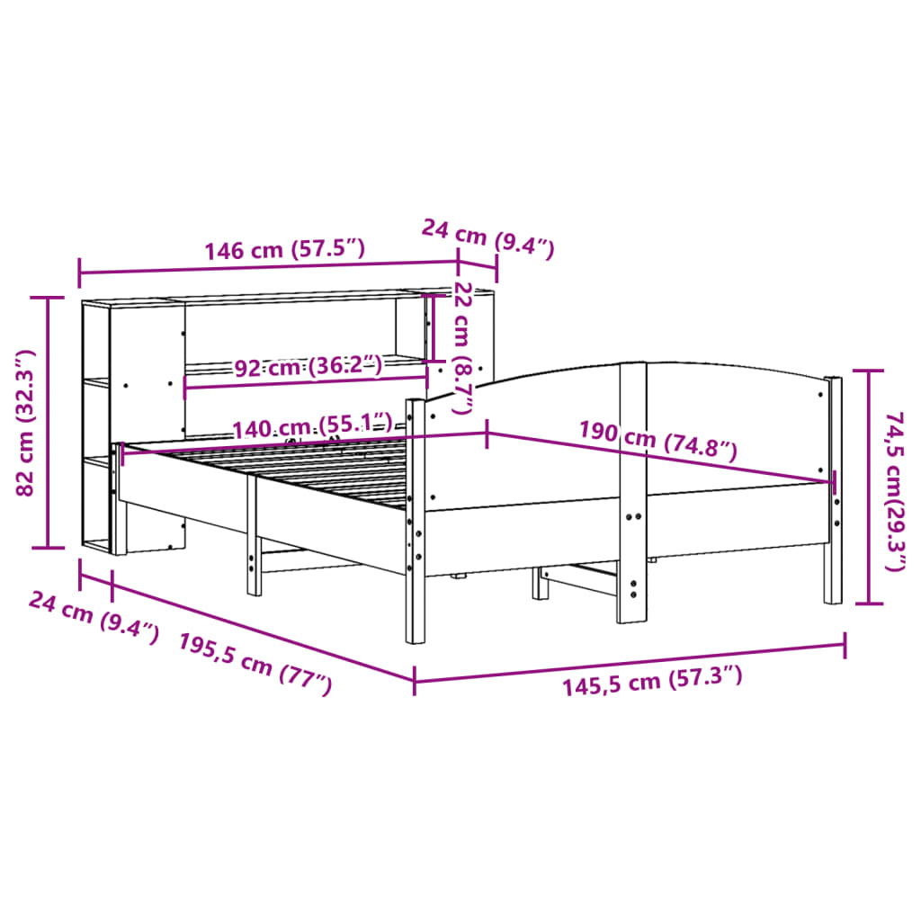 Krevet s regalom z knjige bez madraca bijeli 140x190cm borovina