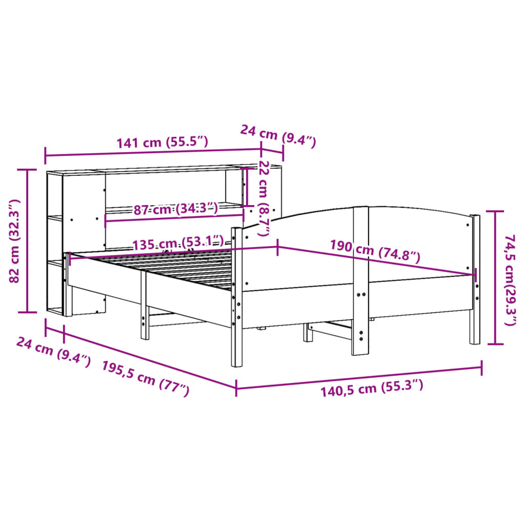 Krevet s regalom za knjige bez madraca 135 x 190 cm od borovine