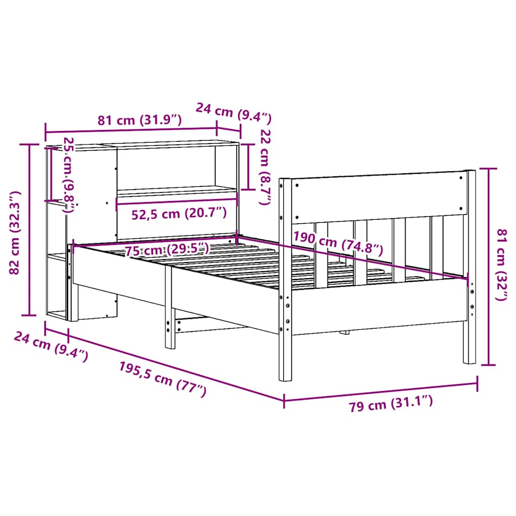 Krevet s regalom za knjige bez madraca 75x190 cm borovina